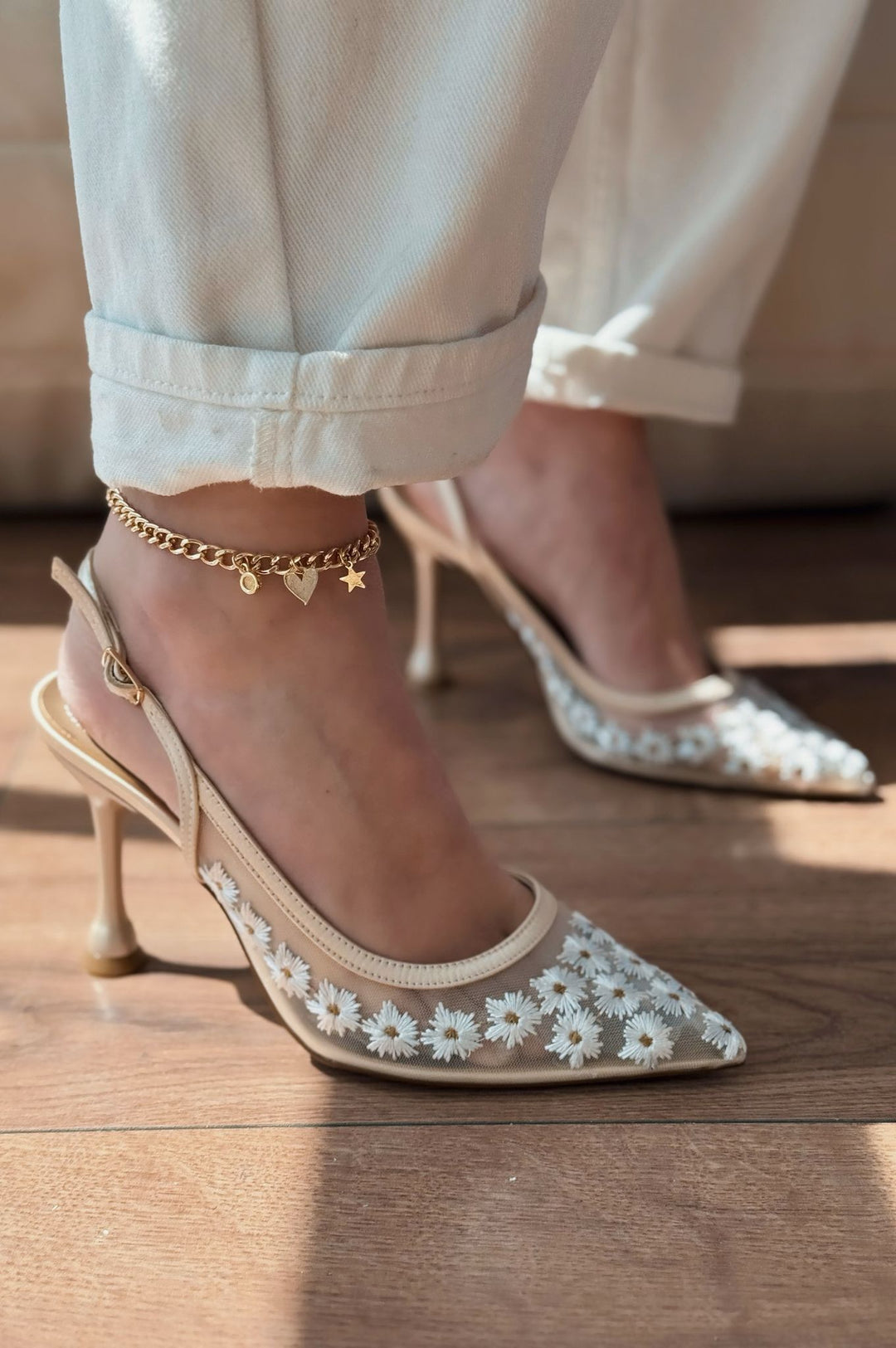 Dasewi Tül Bej Papatya Desenli Stiletto - ILOVESHOES