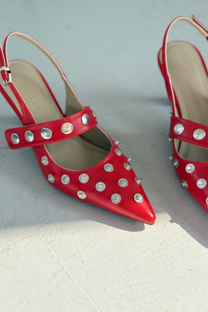 Selorin Mat Deri Zımba Detaylı Stiletto Kırmızı - ILOVESHOES