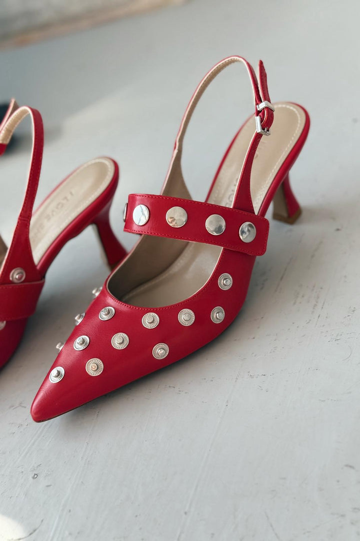 Selorin Mat Deri Zımba Detaylı Stiletto Kırmızı - ILOVESHOES