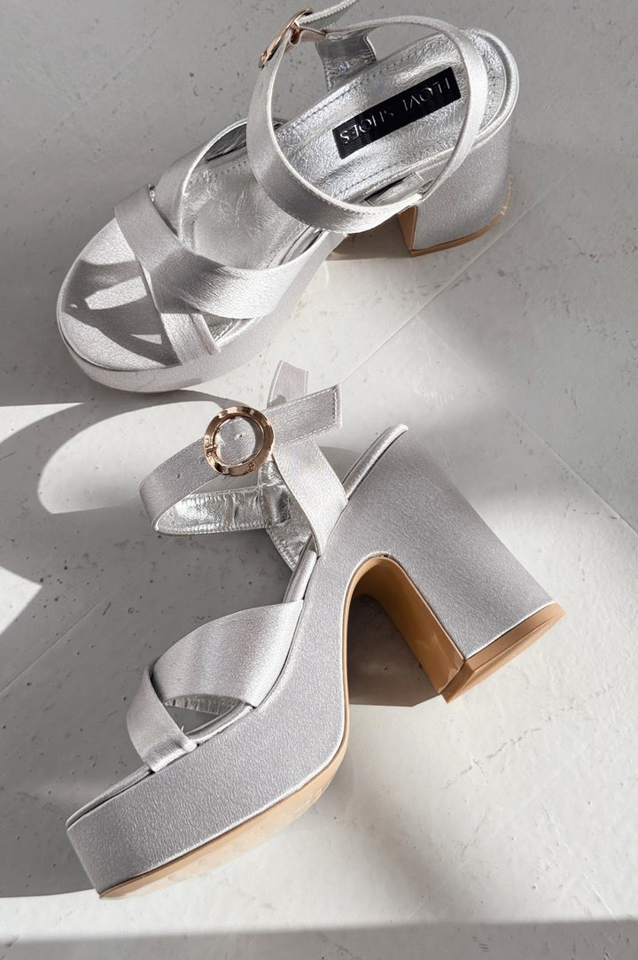 Sadnevs Saten Platform Topuklu Ayakkabı Gümüş - ILOVESHOES