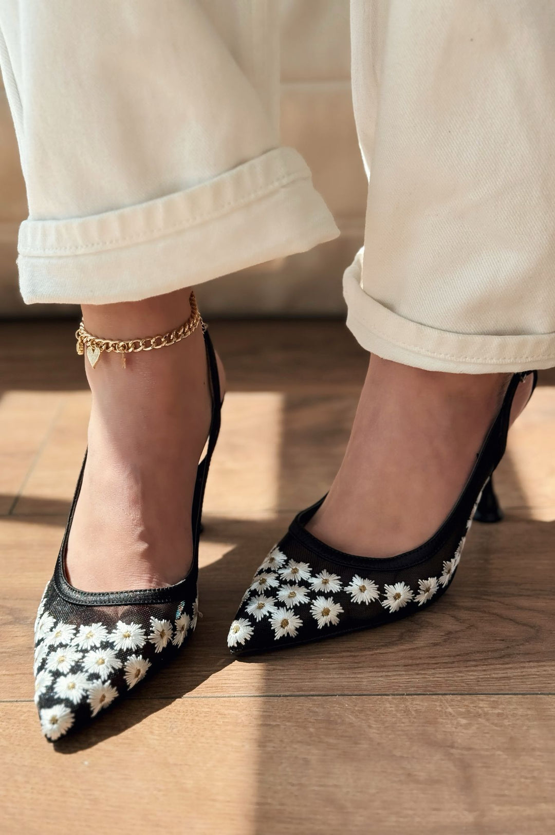 Dasewi Tül Siyah Papatya Desenli Stiletto - ILOVESHOES