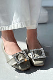 Woned Matte Leather Water Green Stone Detailed Women's Ballerinas