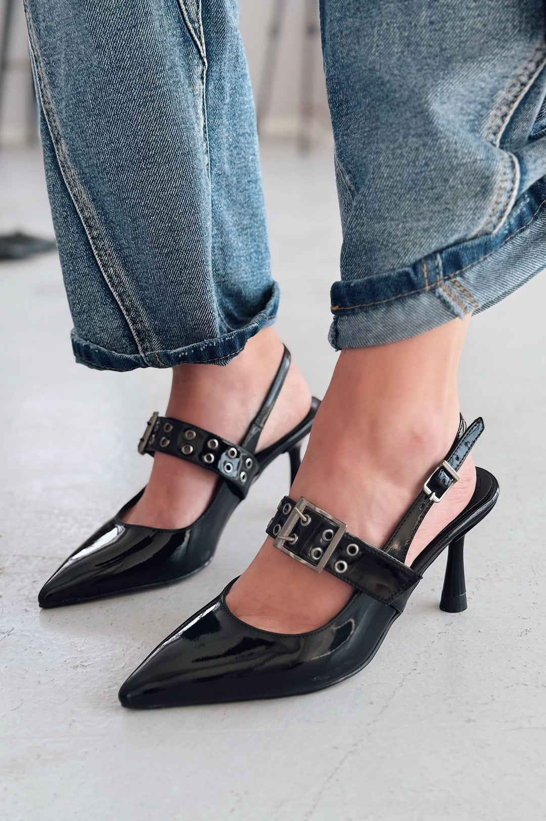 Benor Patent Leather Black Buckle Detail Stiletto
