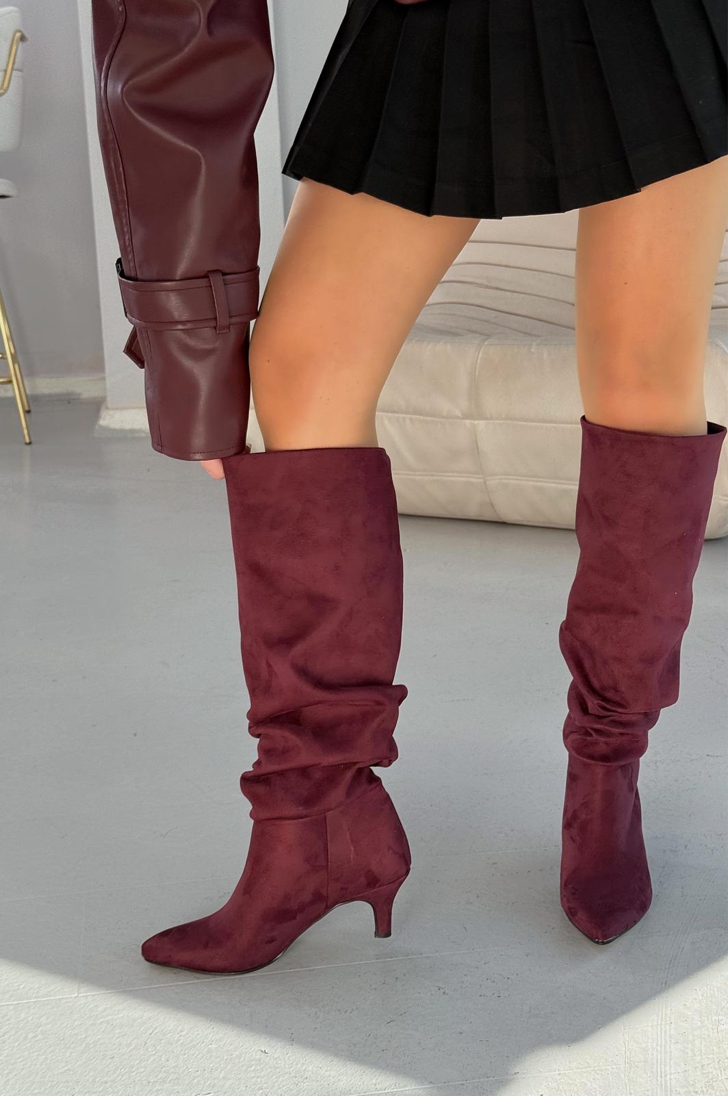Sollet Claret Red Suede Thin Heeled Casual Women's Boots
