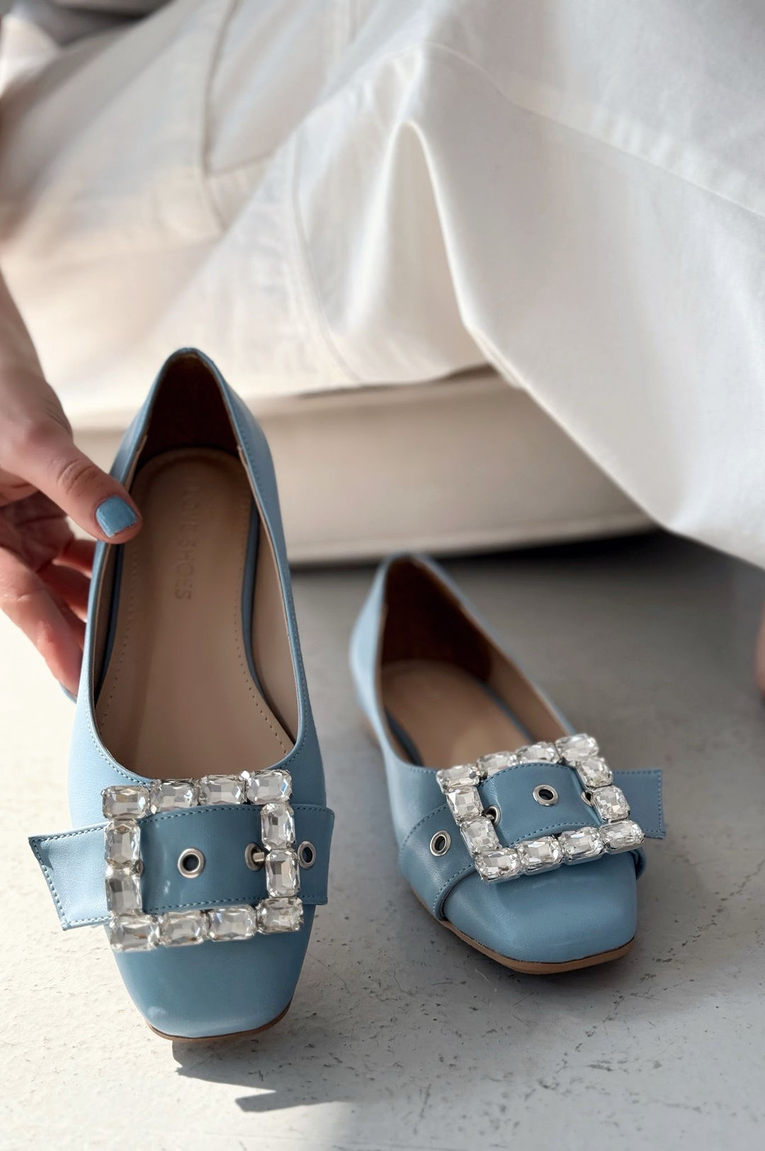 Woned Mat Deri Mavi Taş Detaylı Kadın Babet - ILOVESHOES