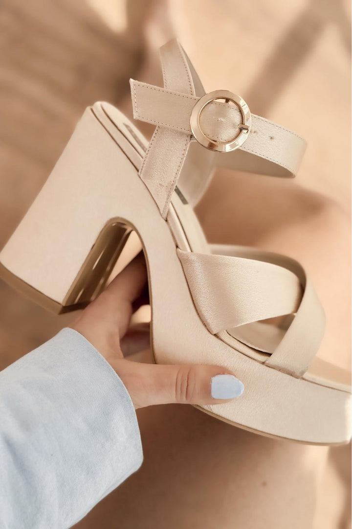 Sadnevs Saten Platform Topuklu Ayakkabı Gold - ILOVESHOES