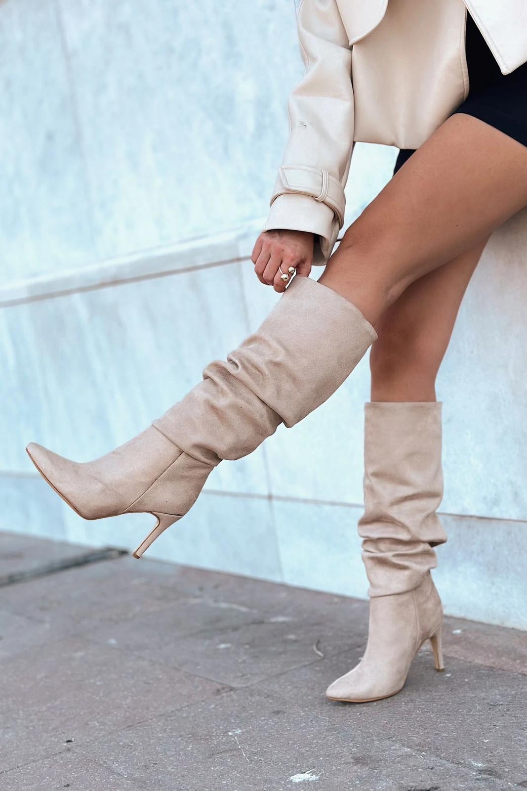 Sollet Beige Suede Gusseted High Thin Heel Casual Women's Boots
