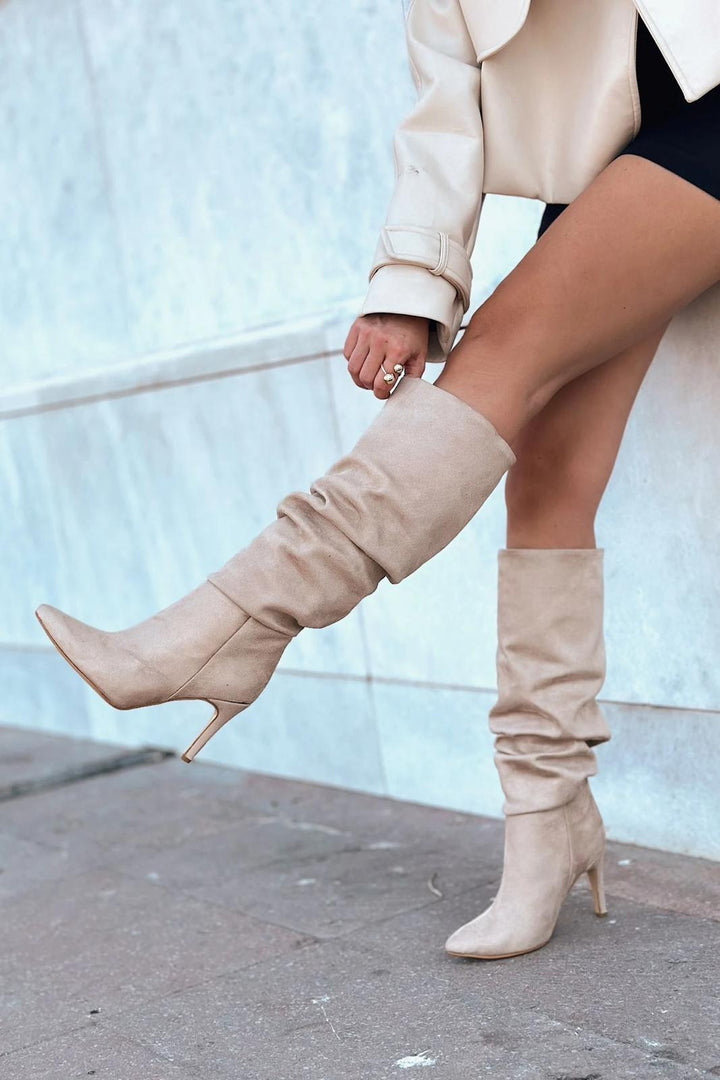 Sollet Beige Suede Gusseted High Thin Heel Casual Women's Boots