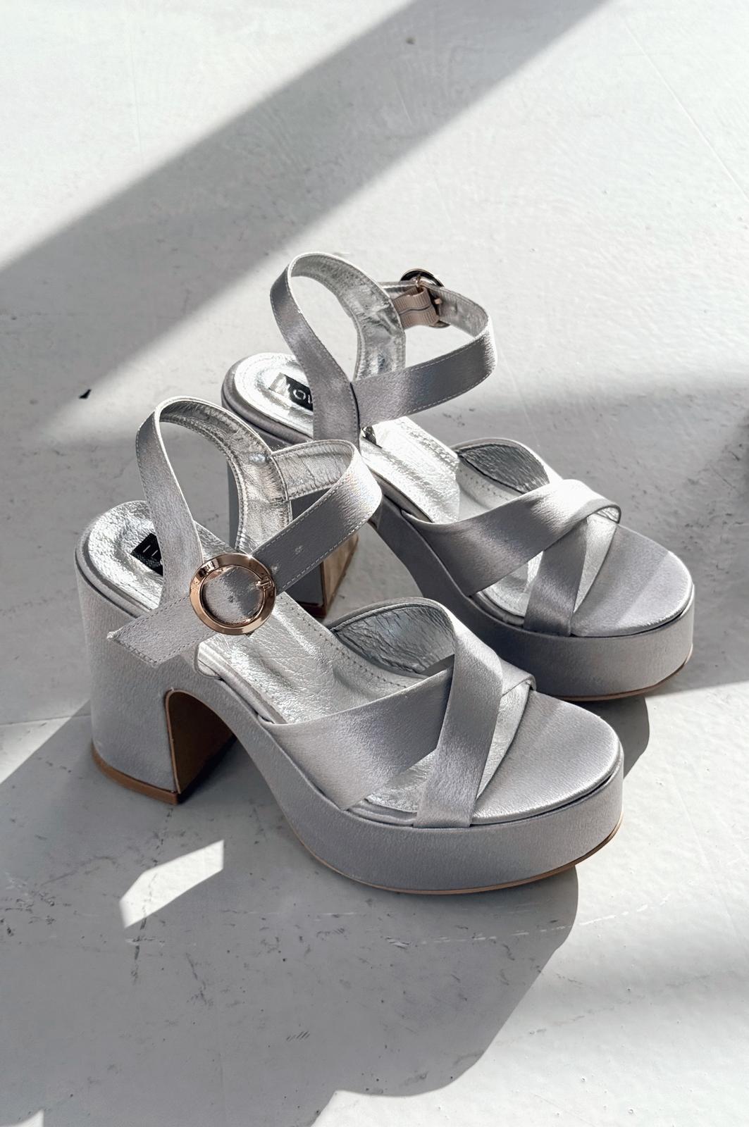 Sadnevs Saten Platform Topuklu Ayakkabı Gümüş - ILOVESHOES