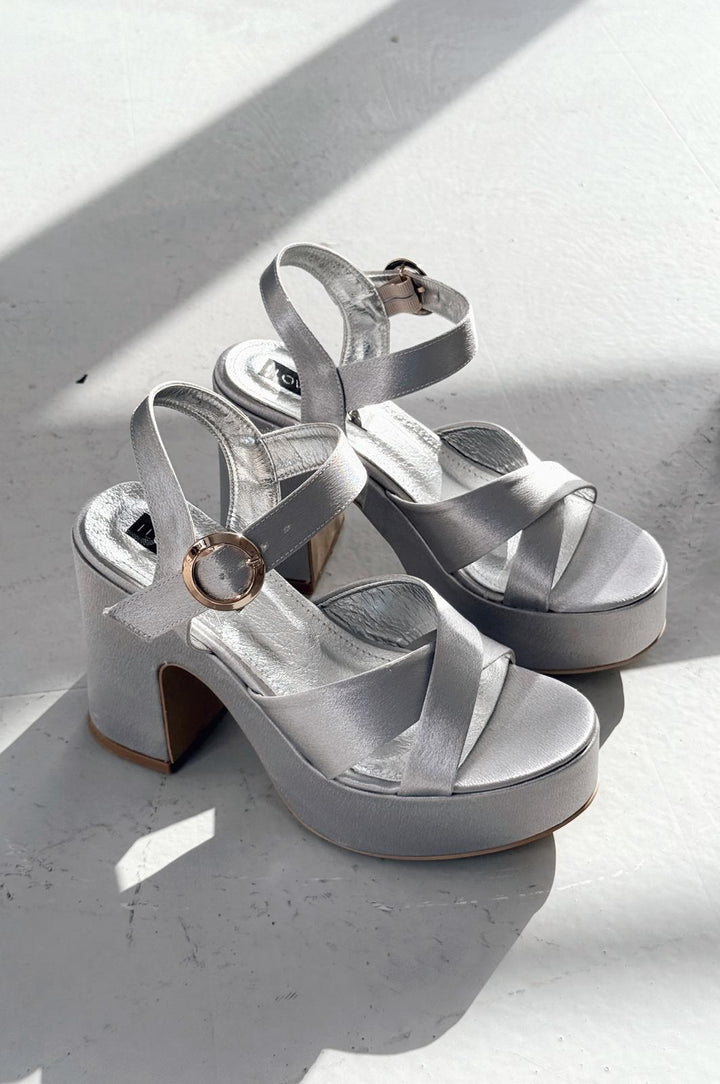Sadnevs Saten Platform Topuklu Ayakkabı Gümüş - ILOVESHOES