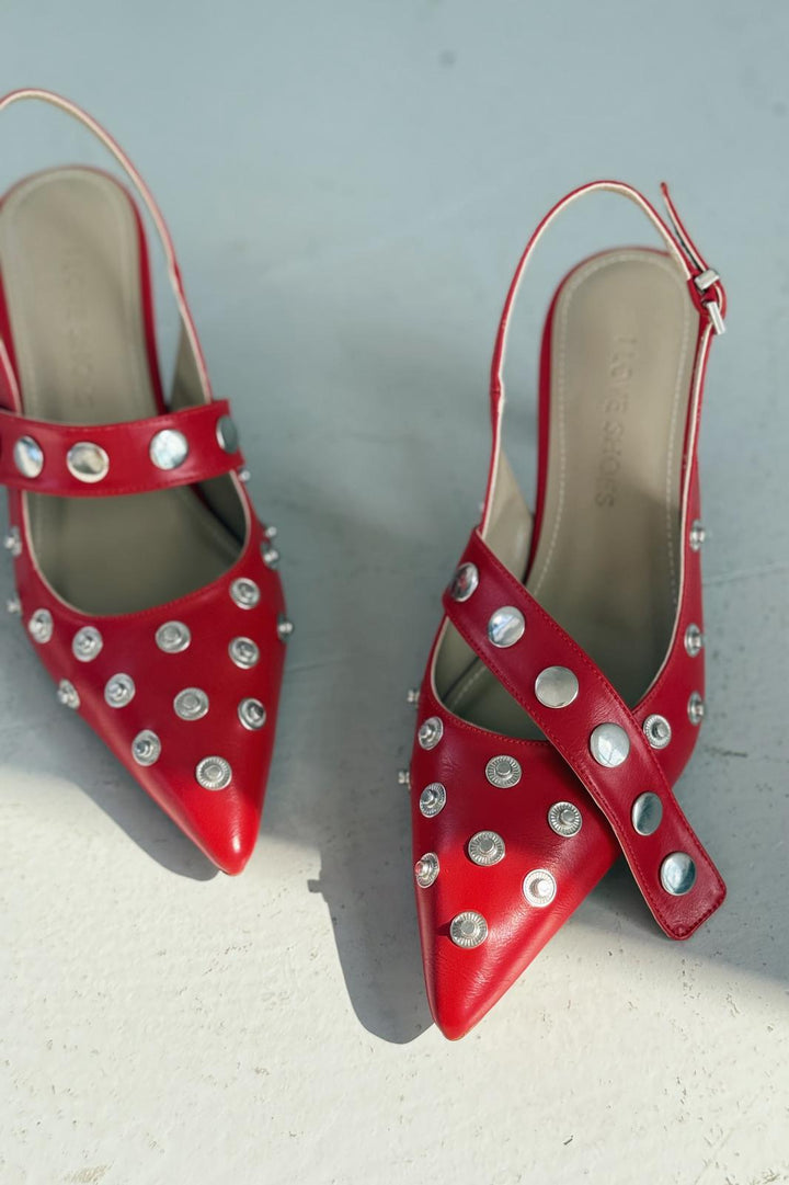 Selorin Mat Deri Zımba Detaylı Stiletto Kırmızı - ILOVESHOES