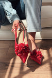 Lavexso Matte Leather Flower Detailed Women's Ballerinas Red