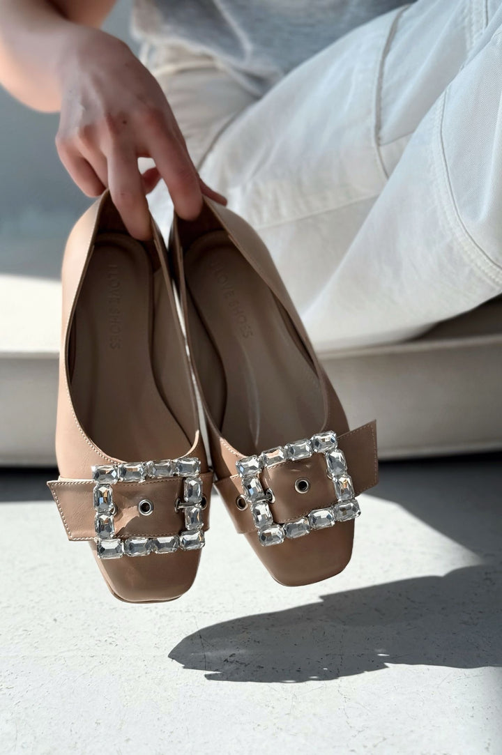 Woned Mat Deri Nude Taş Detaylı Kadın Babet - ILOVESHOES