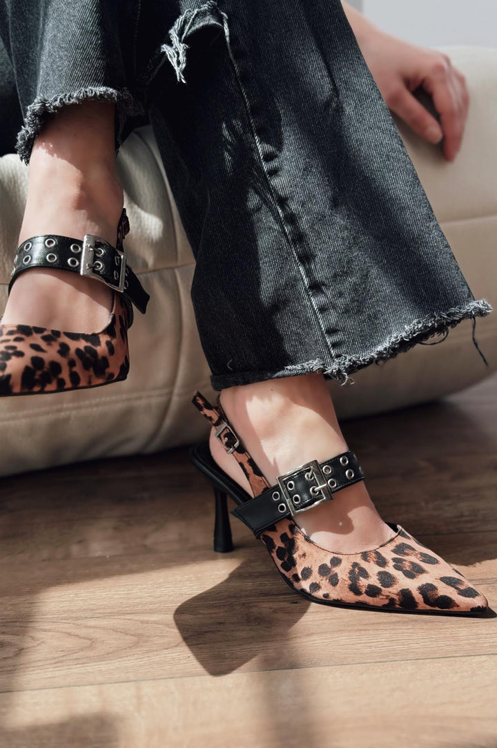 Benor Satin Leo Patterned Buckle Detail Stiletto
