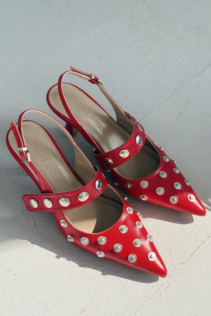 Selorin Mat Deri Zımba Detaylı Stiletto Kırmızı - ILOVESHOES