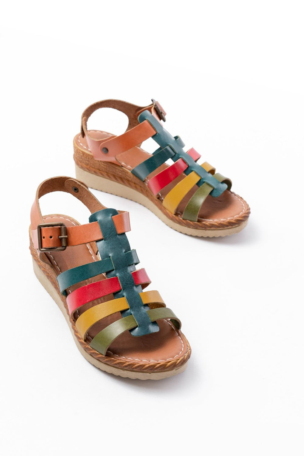 Nivano Hakiki Deri Çok Renkli Dolgu Topuklu Sandalet - ILOVESHOES