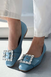 Woned Matte Leather Blue Stone Detailed Women's Ballerinas