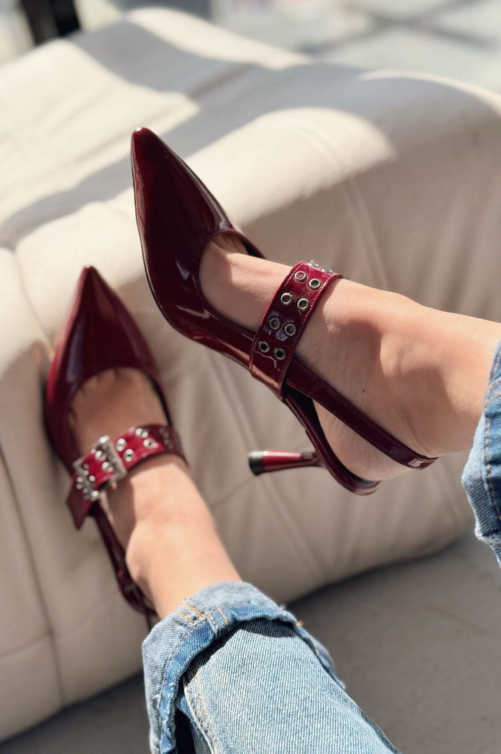Benor Patent Leather Burgundy Buckle Detailed Stiletto