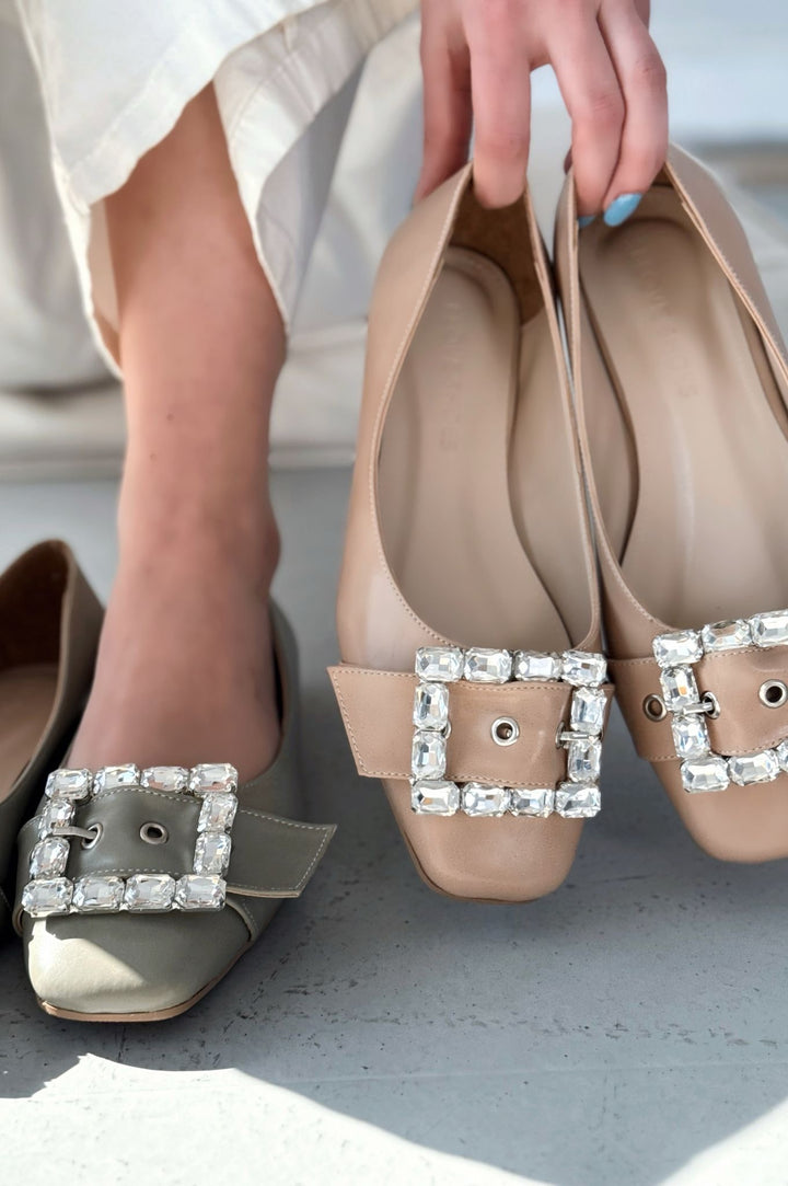 Woned Mat Deri Nude Taş Detaylı Kadın Babet - ILOVESHOES