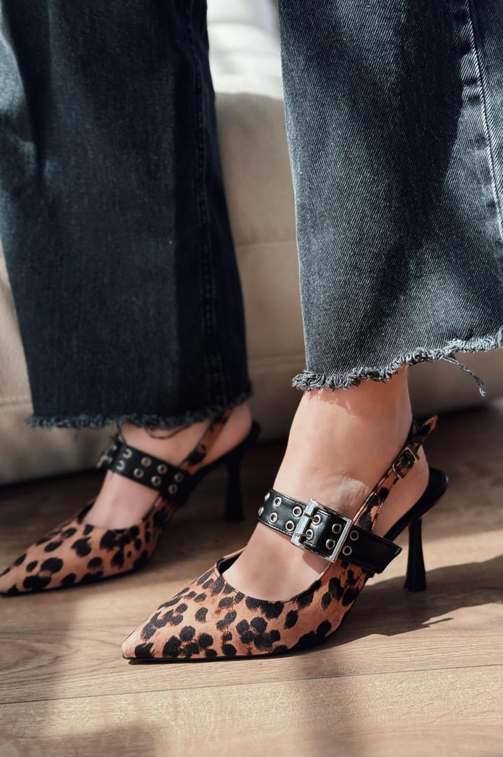 Benor Satin Leo Patterned Buckle Detail Stiletto