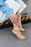 Goldexa Shiny Leather Gold Cross Strap Detailed High Heel Shoes