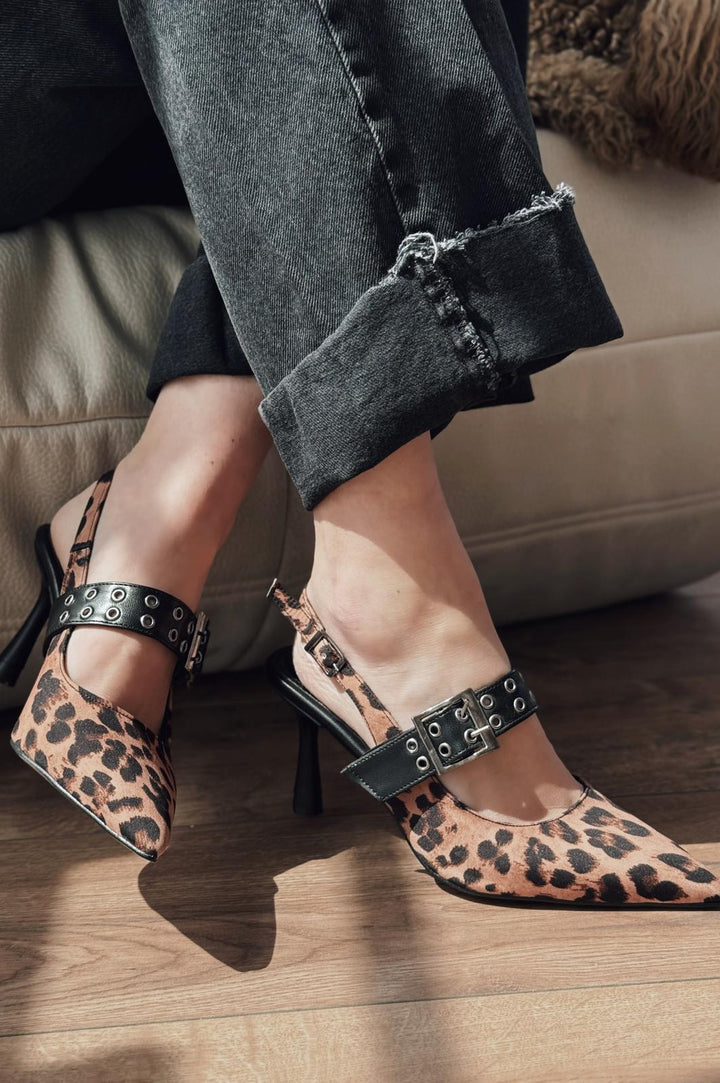 Benor Satin Leo Patterned Buckle Detail Stiletto