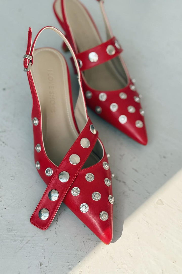 Selorin Mat Deri Zımba Detaylı Stiletto Kırmızı - ILOVESHOES