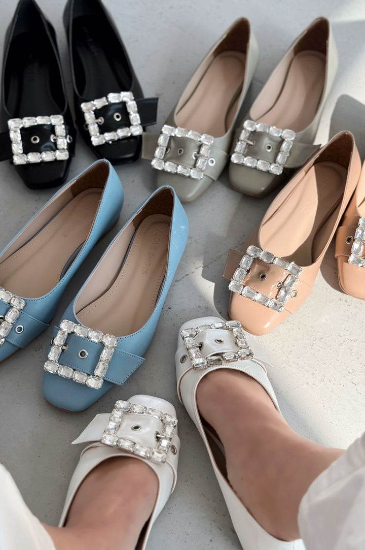 Woned Mat Deri Mavi Taş Detaylı Kadın Babet - ILOVESHOES
