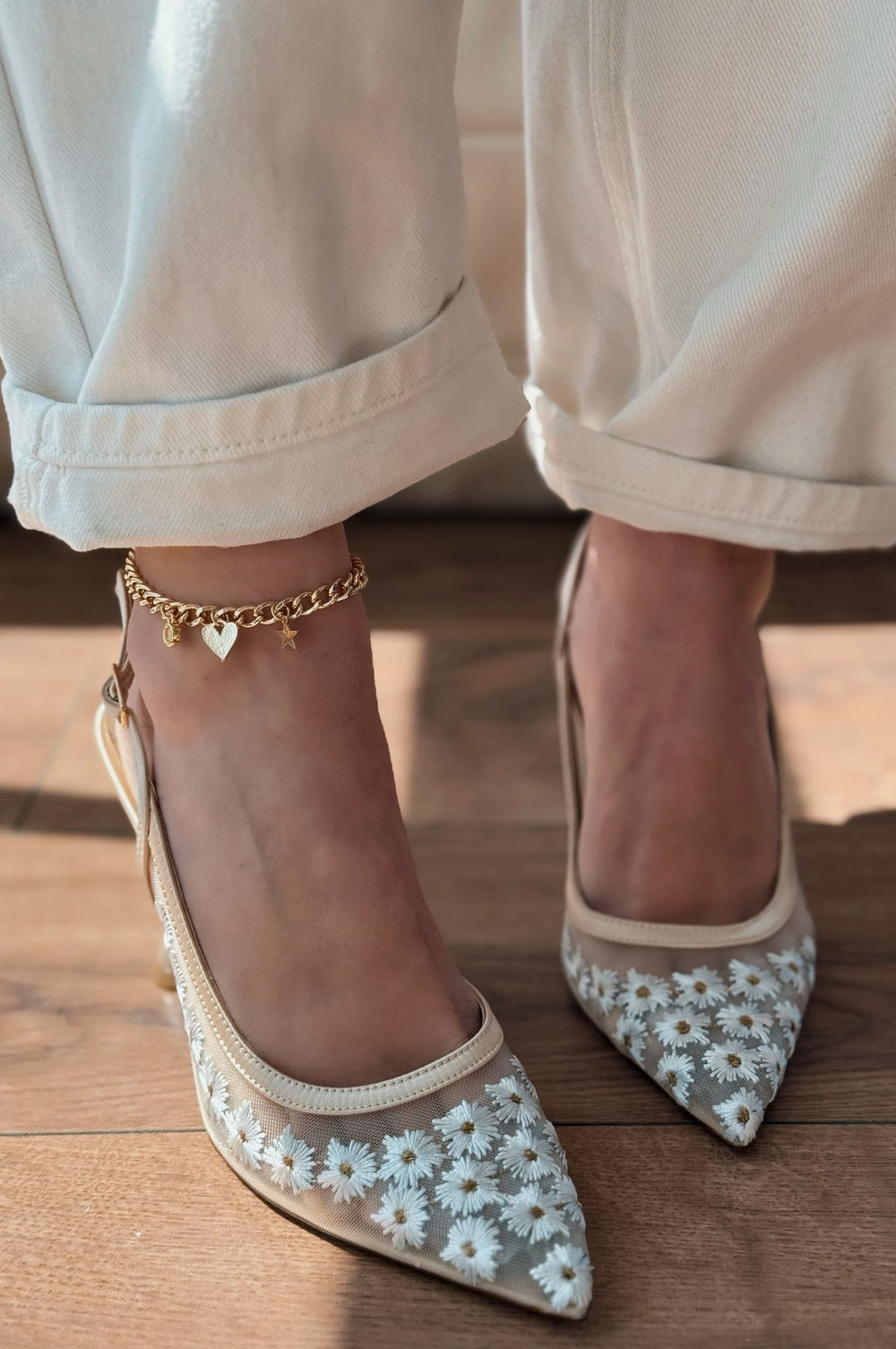 Dasewi Tül Bej Papatya Desenli Stiletto - ILOVESHOES