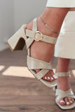 Nawdes Patent Leather Cross Strap Detailed Heeled Shoes Beige