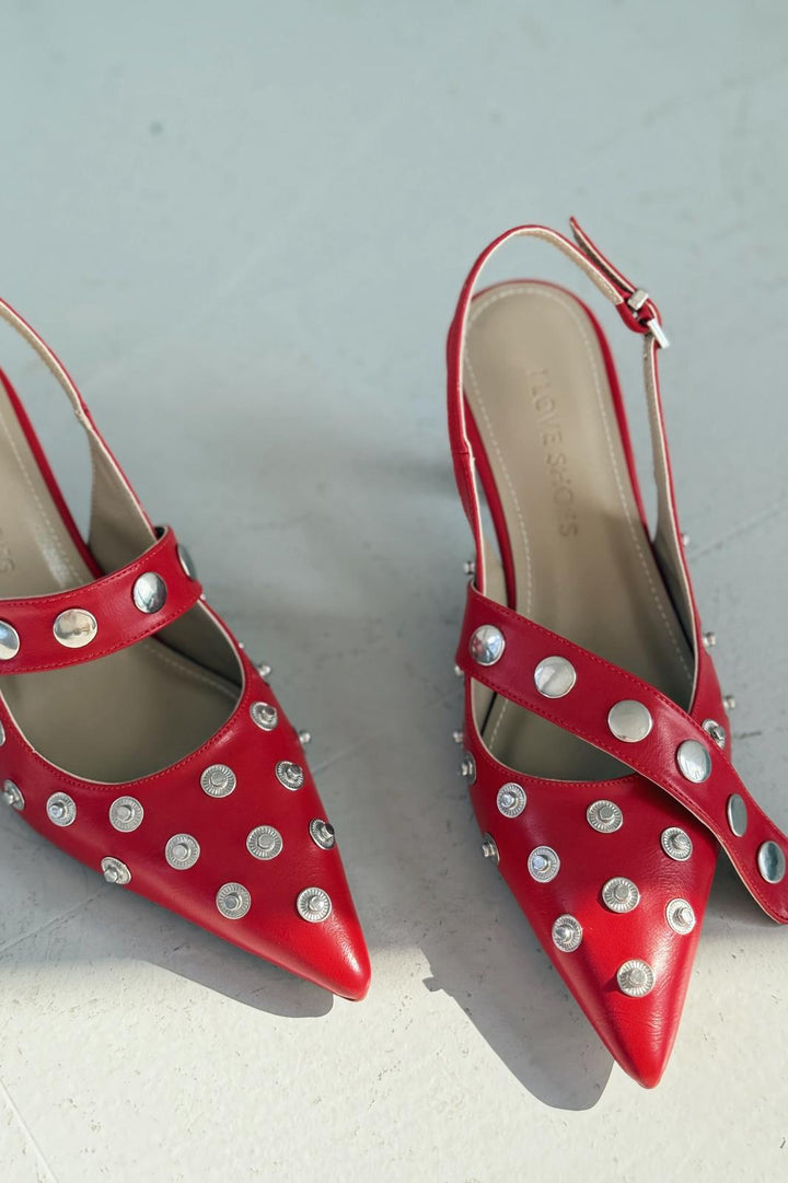 Selorin Mat Deri Zımba Detaylı Stiletto Kırmızı - ILOVESHOES
