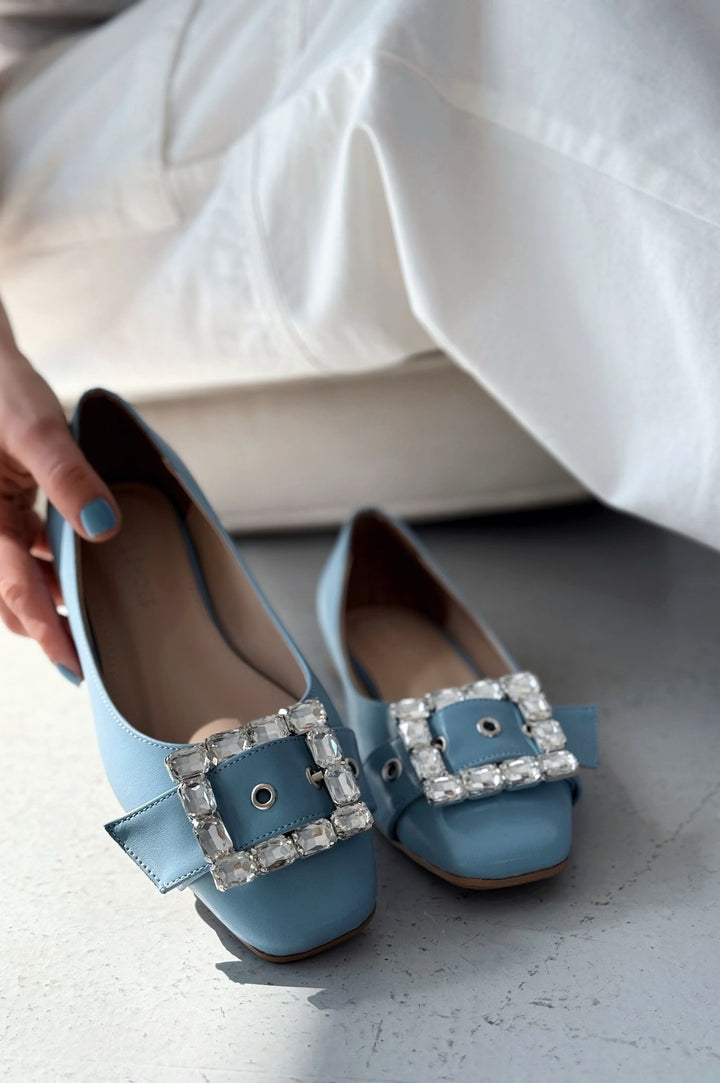Woned Mat Deri Mavi Taş Detaylı Kadın Babet - ILOVESHOES
