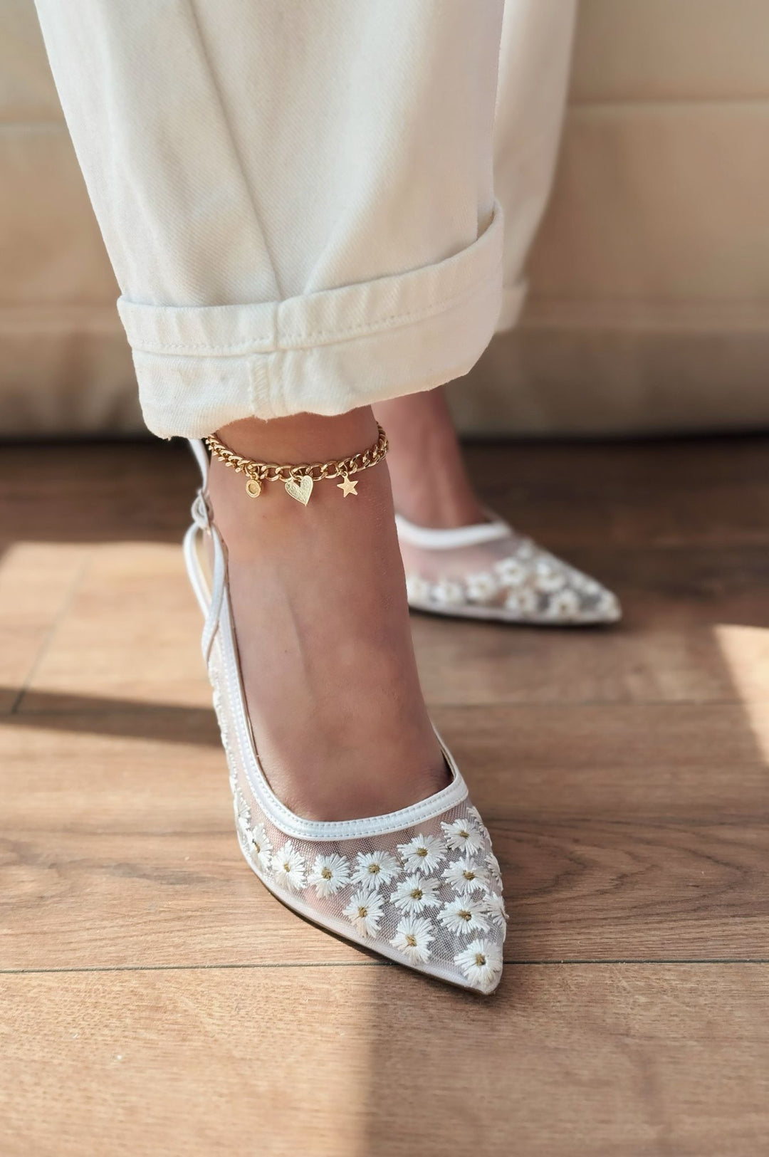 Dasewi Tül Beyaz Papatya Desenli Stiletto - ILOVESHOES