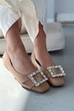 Woned Matte Leather Nude Stone Detailed Women's Ballerinas